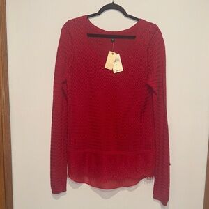 Lucky Brand NWT Size L Lightweight Red Knit Sweater With Lacy Accent Bottom.